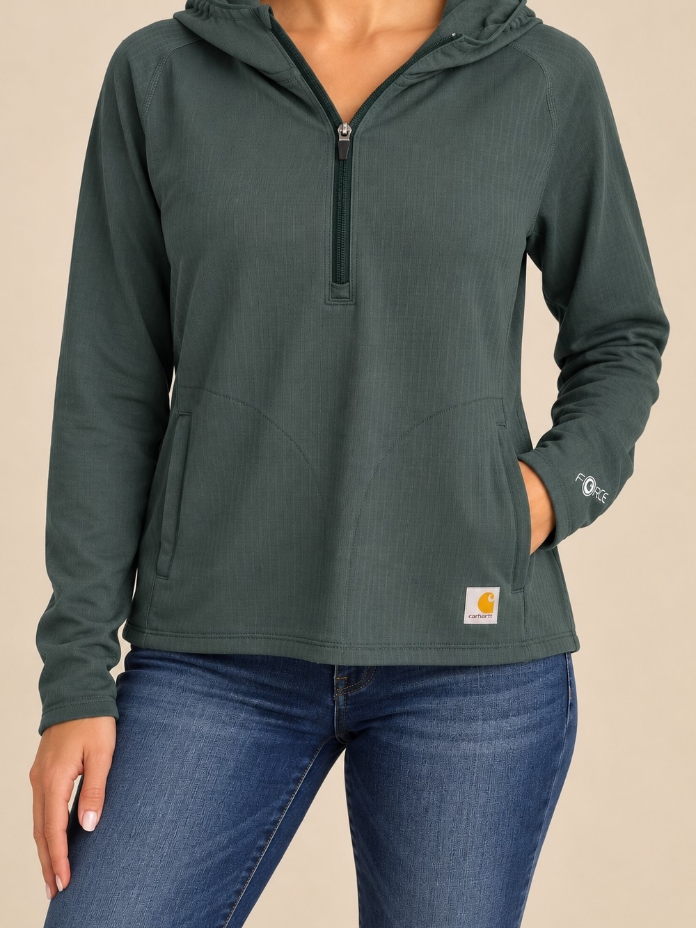 Carhartt Force Women’s M 8-10 Green Lightweight 1/4 Zip Hooded Pullover Workwear